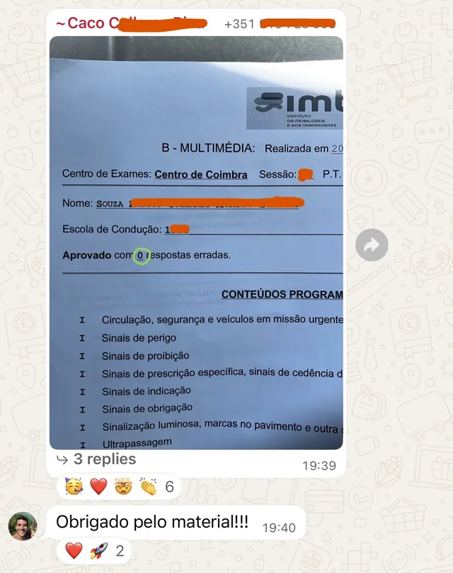 Print real de aluno aprovado no exame do IMT, comunidade Highway Hack Premium